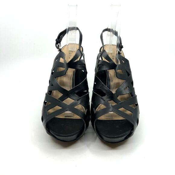Marc Fisher Cuts Black Leather Cut Out Platform Sandals Women's 9.5 US - Picture 4 of 9